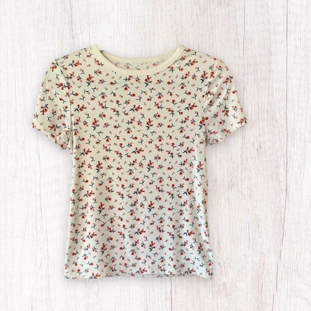 NO Boundaries Crew Ribbed Y2K Ditsy Floral Short Sleeve Top Sz M Juniors Cream